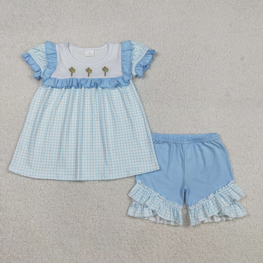 12.9 RTS NO MOQ （In stock）GSSO2718 Embroidery Crosses Baby Girls Blue Checked Tunic Ruffle Shorts Easter Clothes Sets