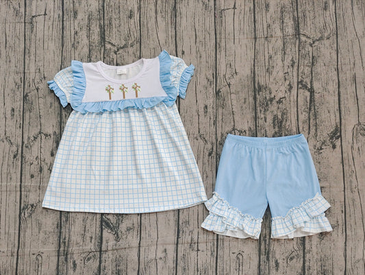 10.13 GSSO2718 Sample No Moq Embroidery Crosses Baby Girls Blue Checked Tunic Ruffle Shorts Easter Clothes Sets