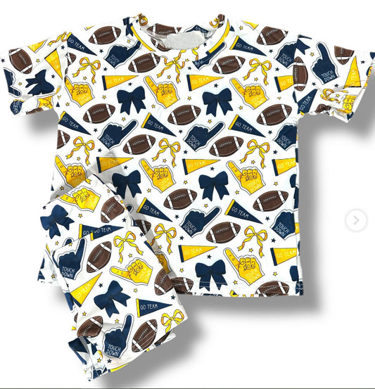10.3 GSSO2721 Pre order No Moq Baby Girls Navy Yellow Bows Footballs Top Shorts Team Pajamas Sets