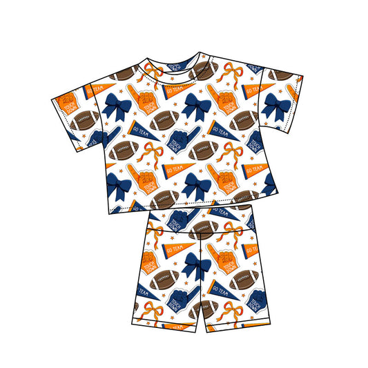 10.3 GSSO2722 Pre order No Moq Baby Girls Navy Orange Bows Footballs Top Shorts Team Pajamas Sets