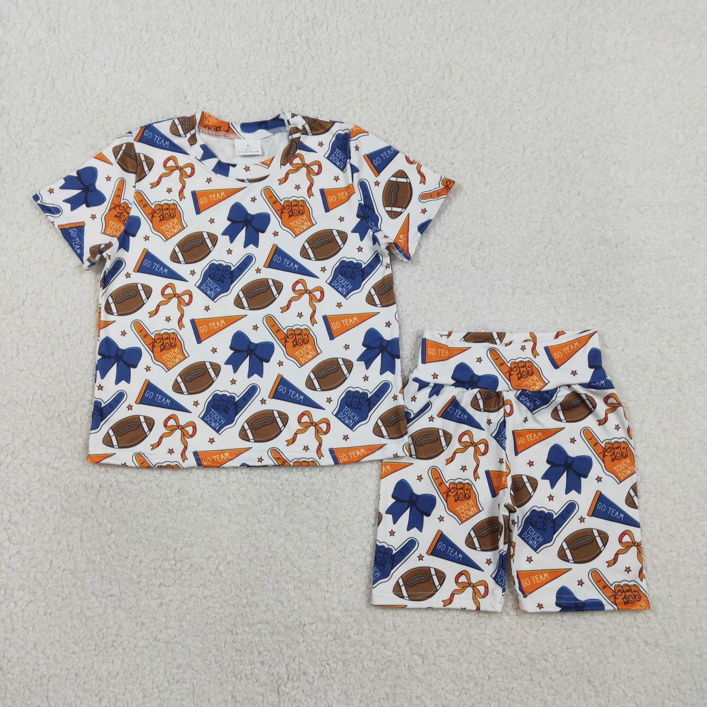 1.26 RTS NO MOQ （In stock）GSSO2722 Baby Girls Blue Orange Bows Footballs Top Shorts Team Pajamas Clothes Sets