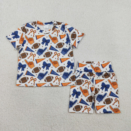 1.26 RTS NO MOQ （In stock）GSSO2722 Baby Girls Blue Orange Bows Footballs Top Shorts Team Pajamas Clothes Sets