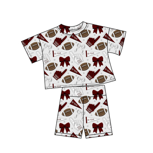10.3 GSSO2723 Pre order No Moq Baby Girls Dark Red Grey Bows Footballs Top Shorts Team Pajamas Sets