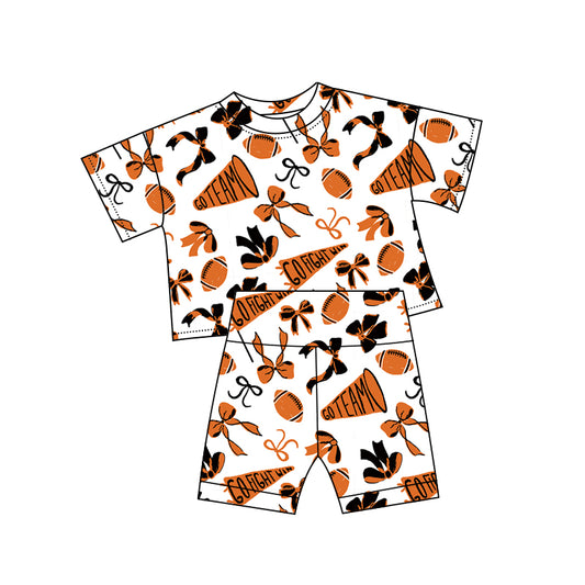 10.3 GSSO2724 Pre order No Moq Baby Girls Black Orange Bows Footballs Go Team Top Shorts Pajamas Sets