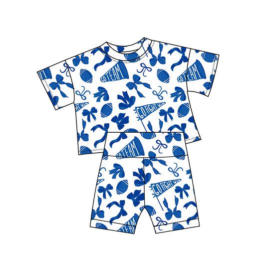 10.3 GSSO2725 Pre order No Moq Baby Girls Blue Bows Footballs Go Team Top Shorts Pajamas Sets