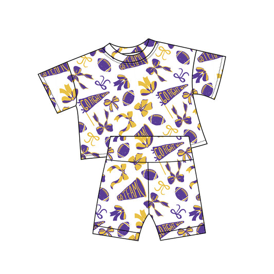 10.3 GSSO2726 Pre order No Moq Baby Girls Yellow Purple Bows Footballs Go Team Top Shorts Pajamas Sets