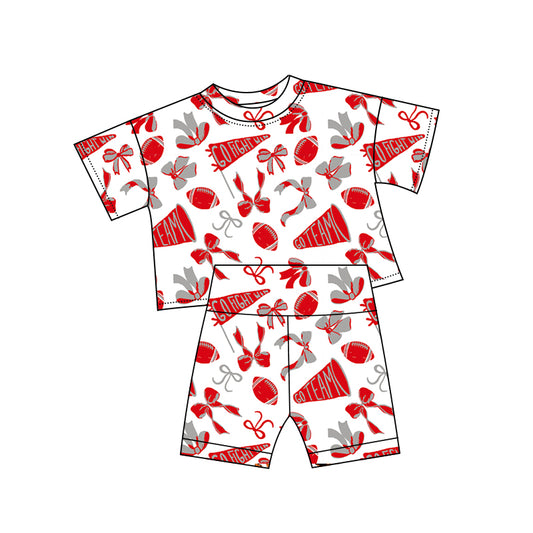 10.3 GSSO2727 Pre order No Moq Baby Girls Red Grey Bows Footballs Go Team Top Shorts Pajamas Sets