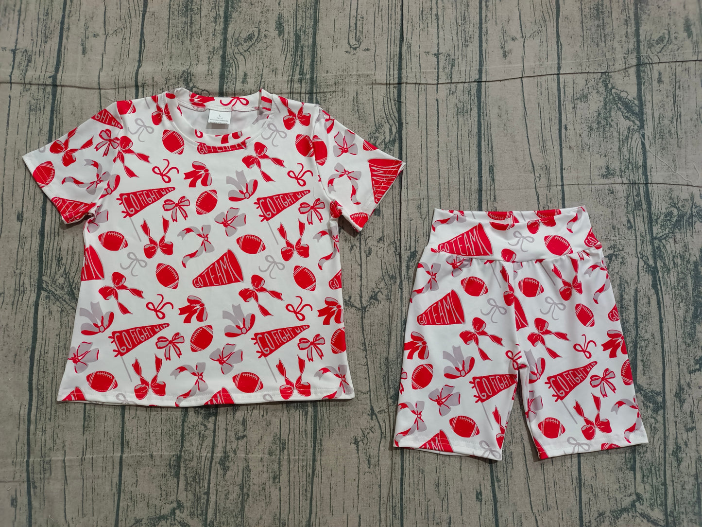 1.9 GSSO2727 Sample No Moq Baby Girls Red Grey Bows Footballs Go Team Top Shorts Pajamas Sets