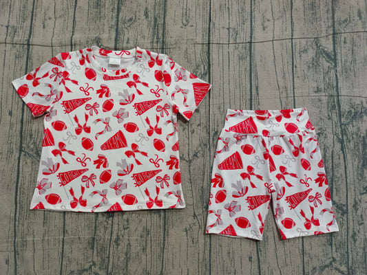 1.9 GSSO2727 Sample No Moq Baby Girls Red Grey Bows Footballs Go Team Top Shorts Pajamas Sets