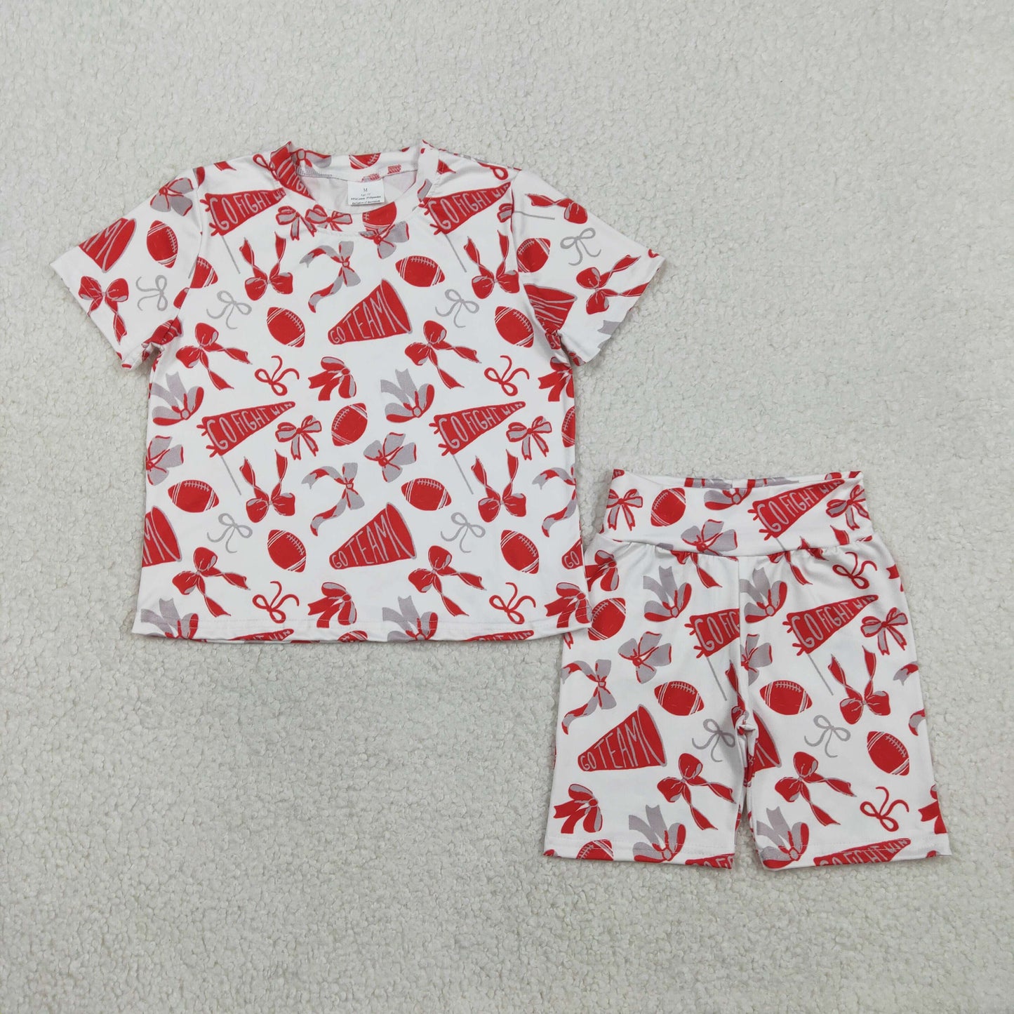 1.23 RTS NO MOQ （In stock）GSSO2727 Baby Girls Red Grey Bow Footballs Top Shorts Go Team Pajamas Clothes Set