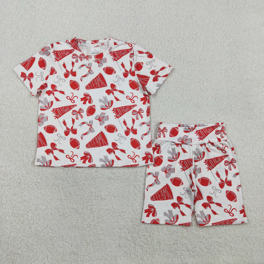1.23 RTS NO MOQ （In stock）GSSO2727 Baby Girls Red Grey Bow Footballs Top Shorts Go Team Pajamas Clothes Set