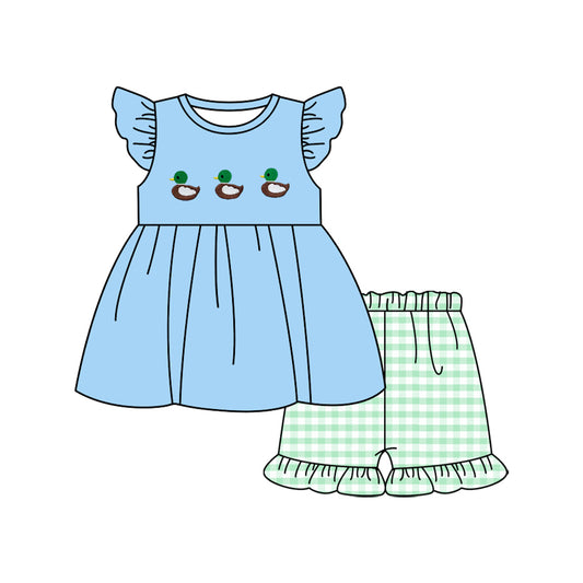 10.3 GSSO2728 Pre order No Moq Baby Girls Blue Flutter Sleeve Ducks Tunic Aqua Checked Ruffle Shorts Clothes Sets