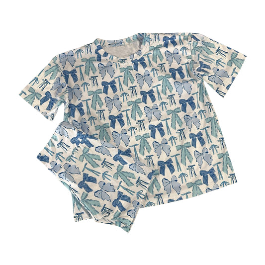 10.4 GSSO2729 Pre order No Moq Baby Girls Blue Green Short Sleeve Top Shorts Valentine Pajamas Sets