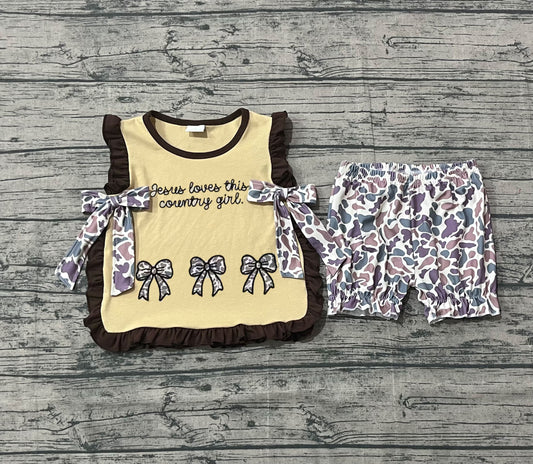 10.4 GSSO2730 3XS- 2XL Sample No Moq Embroidery Jesus Love Me Camo Bows Baby Girls Top Ruffle Shorts Clothes Sets
