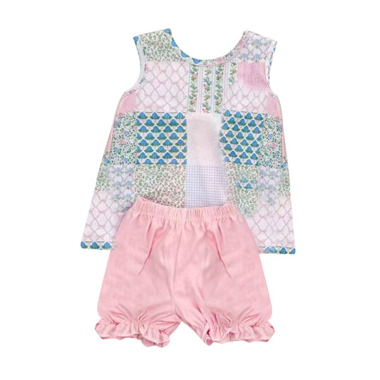 10.11 GSSO2731 Pre order No Moq Baby Girls Bows Flowers Checked Tunic Ruffle Shorts Clothes Sets