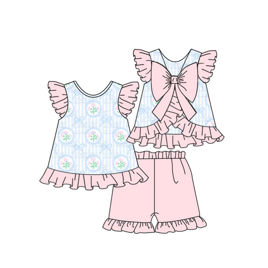 10.11 GSSO2732 Pre order No Moq Baby Girls Flutter Sleeve Back Bows Flowers Tunic Ruffle Shorts Clothes Sets