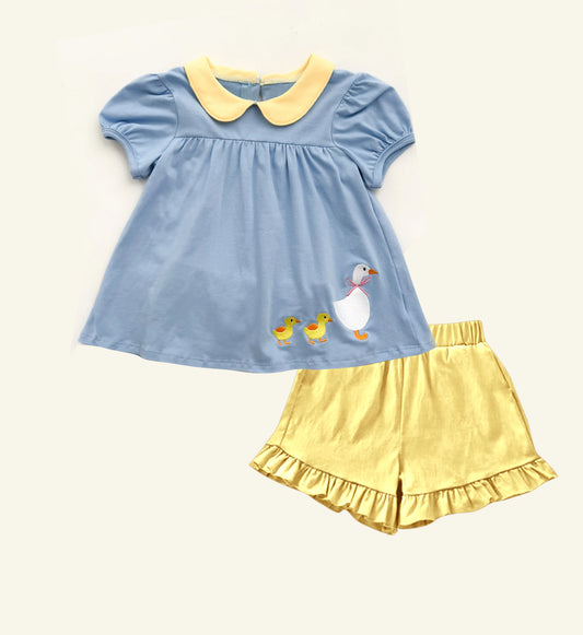 10.11 GSSO2733 Pre order No Moq Baby Girls Ducks Goose Collar Tunic Ruffle Shorts Clothes Sets