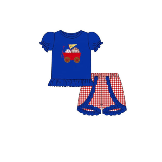 10.13 GSSO2734 Pre order No Moq Baby Girls Baseballs Truck Top Checked Ruffle Shorts Team Clothes Sets