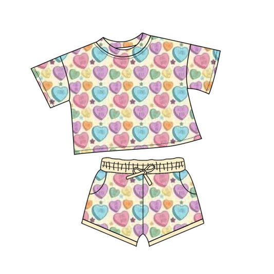 10.13 GSSO2735 Pre order No Moq Baby Girls Colorful Hearts Stars Top Pockets Shorts Valentine Clothes Sets