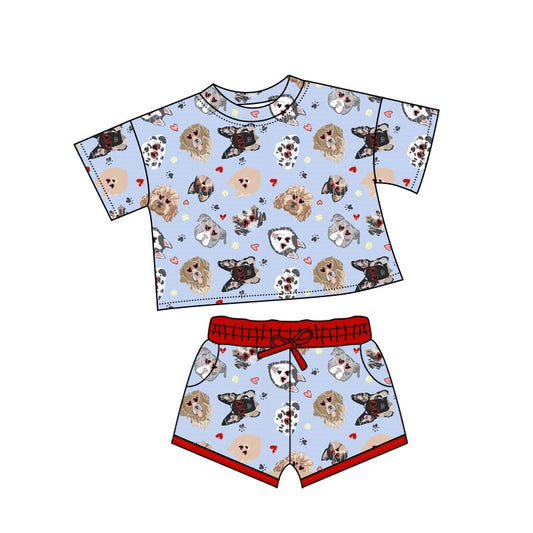 10.13 GSSO2736 Pre order No Moq Baby Girls Hearts Dogs Top Pockets Shorts Valentine Clothes Sets