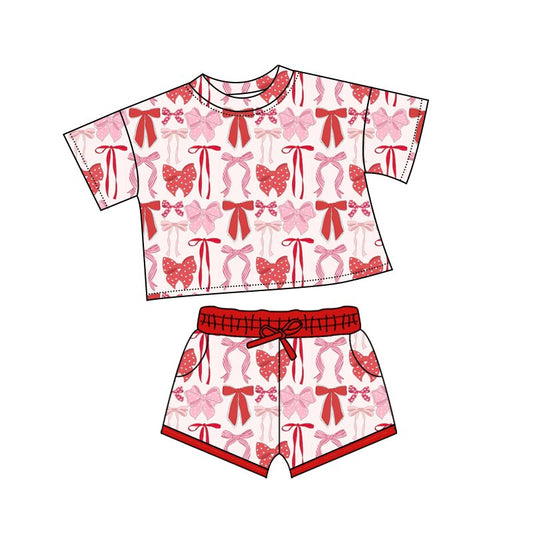 10.13 GSSO2737 Pre order No Moq Baby Girls Red Pink Bows Plaid Top Pockets Shorts Valentine Clothes Sets