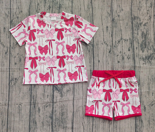 11.11 GSSO2737 Sample No Moq Baby Girls Red Pink Bows Plaid Top Pockets Shorts Valentine Clothes Sets