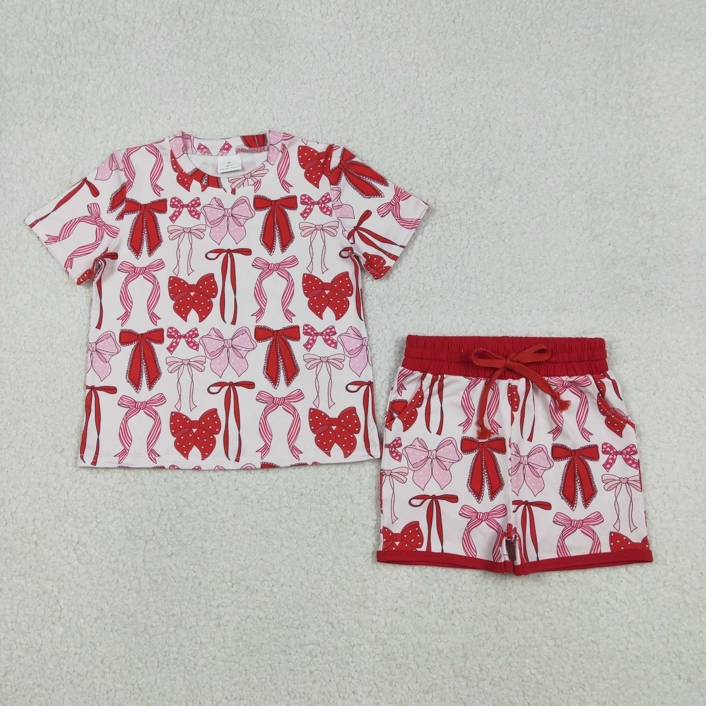 12.8 RTS NO MOQ （In stock）GSSO2737 Baby Girls Short Sleeve Red Bows Top Pockets Shorts Clothes Sets