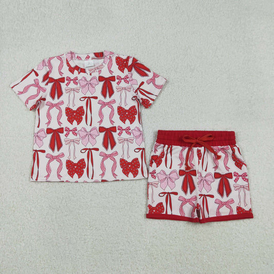 12.8 RTS NO MOQ （In stock）GSSO2737 Baby Girls Short Sleeve Red Bows Top Pockets Shorts Clothes Sets