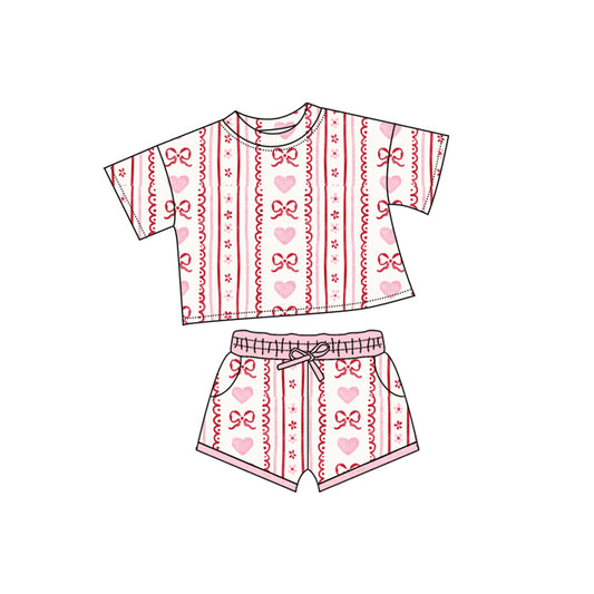 10.13 GSSO2738 Pre order No Moq Baby Girls Pink Bows Hearts Stripe Top Pockets Shorts Valentine Clothes Sets