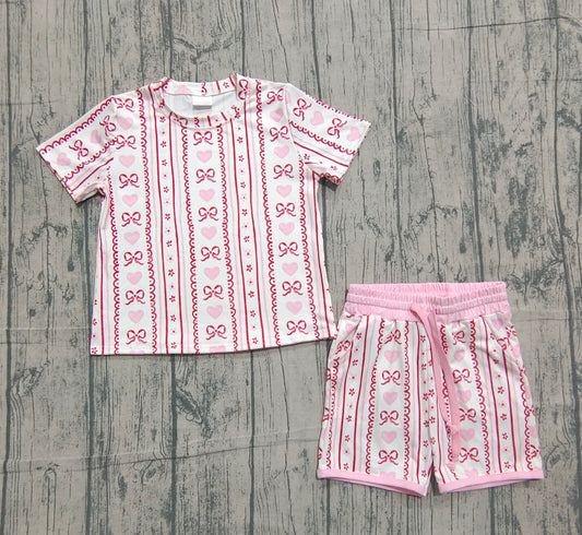 11.13 GSSO2738 Sample No Moq Baby Girls Pink Bows Hearts Stripe Top Pockets Shorts Valentine Clothes Sets