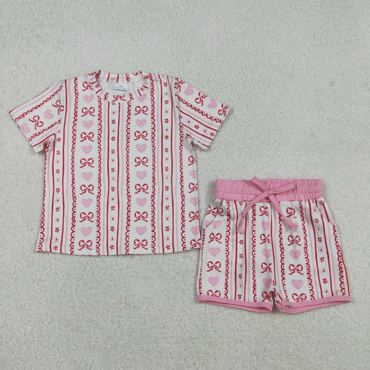 12.10 RTS NO MOQ （In stock）GSSO2738 Baby Girls Pink Bows Hearts Stripe Top Pockets Shorts Valentines Clothes Sets