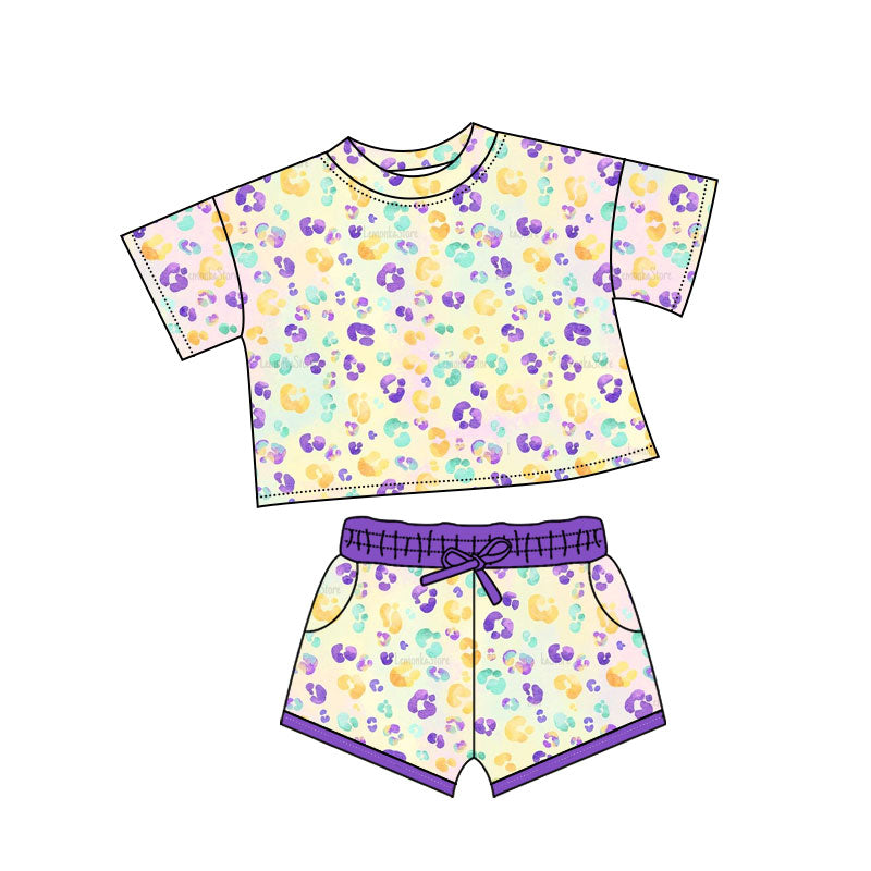 10.13 GSSO2739 Pre order No Moq Baby Girls Mardigras Leopard Top Pockets Shorts Clothes Sets