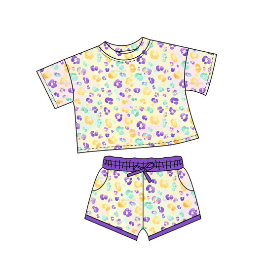 10.13 GSSO2739 Pre order No Moq Baby Girls Mardigras Leopard Top Pockets Shorts Clothes Sets