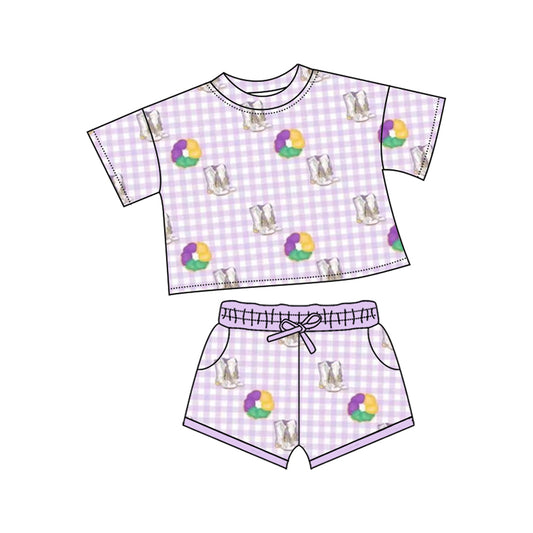 10.13 GSSO2740 Pre order No Moq Baby Girls Mardigras Boots Donuts Checked Top Pockets Shorts Clothes Sets