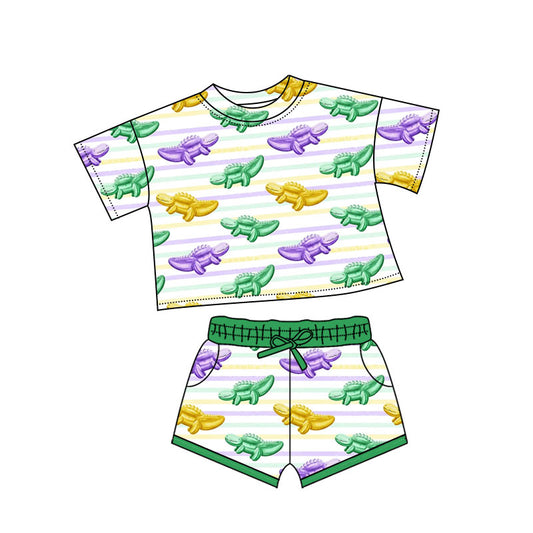 10.13 GSSO2741 Pre order No Moq Baby Girls Mardigras Stripes Crocodiles Top Pockets Shorts Clothes Sets