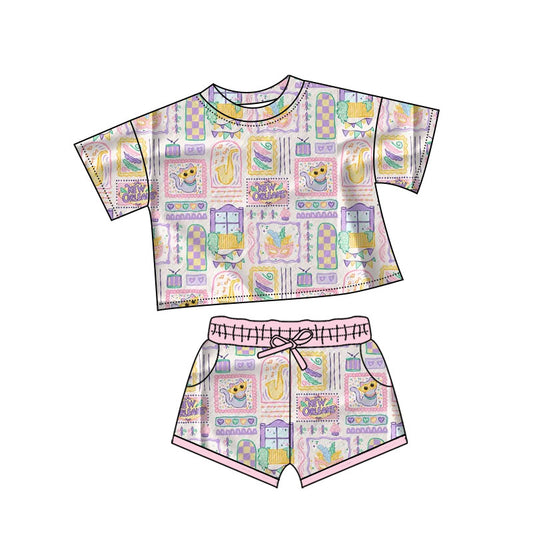 10.13 GSSO2743 Pre order No Moq Baby Girls Mardigras Anchor Masks Top Pockets Shorts Clothes Sets