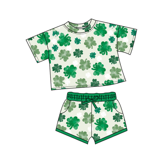 10.13 GSSO2744 Pre order No Moq Baby Girls Green Clovers Top Pockets Shorts St Patrick Clothes Sets