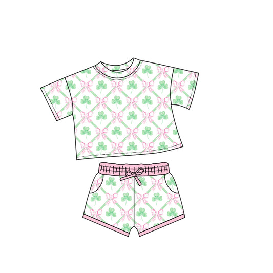 10.13 GSSO2745 Pre order No Moq Baby Girls Bows Clovers Checked Top Pockets Shorts St Patrick Clothes Sets