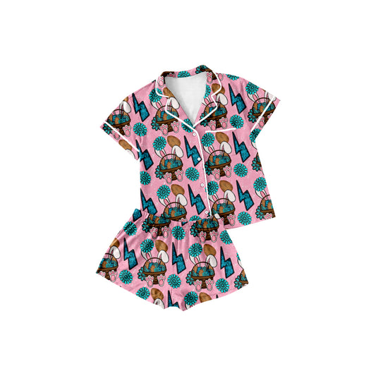 10.13 GSSO2746 Pre order No Moq Baby Girls Rabbits Eggs Turquoises Button Top Shorts Easter Pajamas Sets