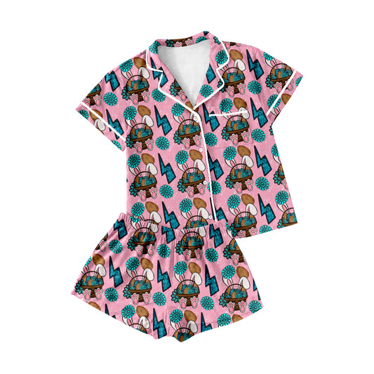 10.13 GSSO2747 Pre order No Moq Adult Women Rabbits Eggs Turquoises Button Top Shorts Easter Pajamas Set