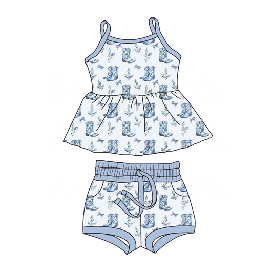 10.14 GSSO2750 Pre order No Moq Baby Girls Strap Blue Boots Bows Tunic Pockets Shorts Clothes Sets