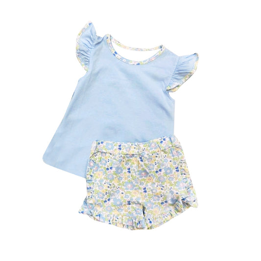 10.14 GSSO2751 Pre order No Moq Baby Girls Light Blue Flutter Sleeve Top Floral Ruffle Shorts Clothes Sets