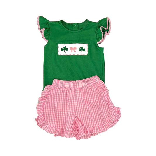 10.14 GSSO2752 Pre order No Moq Baby Girls Bows Clovers Top Ruffle Checked Shorts St Patrick Clothes Sets