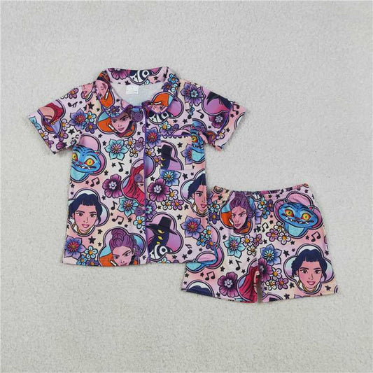 11.28 RTS NO MOQ （In stock）GSSO2753 Baby Girls Flowers Cartoon Girls Button Pocket Top Shorts Pajamas Sets