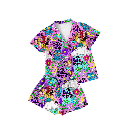 10.15 GSSO2754 Pre order No Moq Baby Girls Leopard Cartoon Girls Button Pocket Top Shorts Pajamas Sets