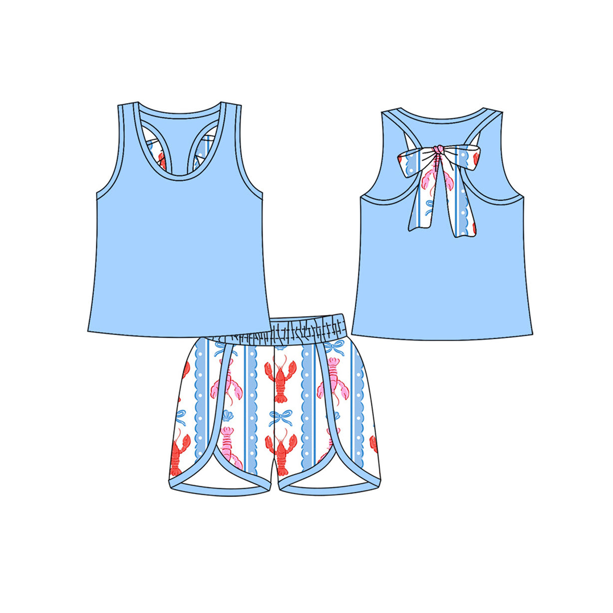 10.15 GSSO2755 Pre order No Moq Baby Girls Blue Sleeveless Back Bow Top Shorts Clothes Sets