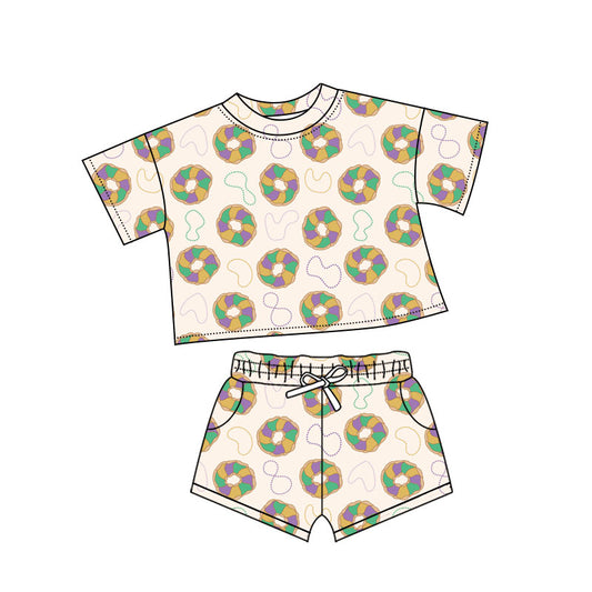 10.18 GSSO2762 Pre order No Moq Baby Girls Donuts Plaid Top Pockets Short Mardigras Clothes Sets
