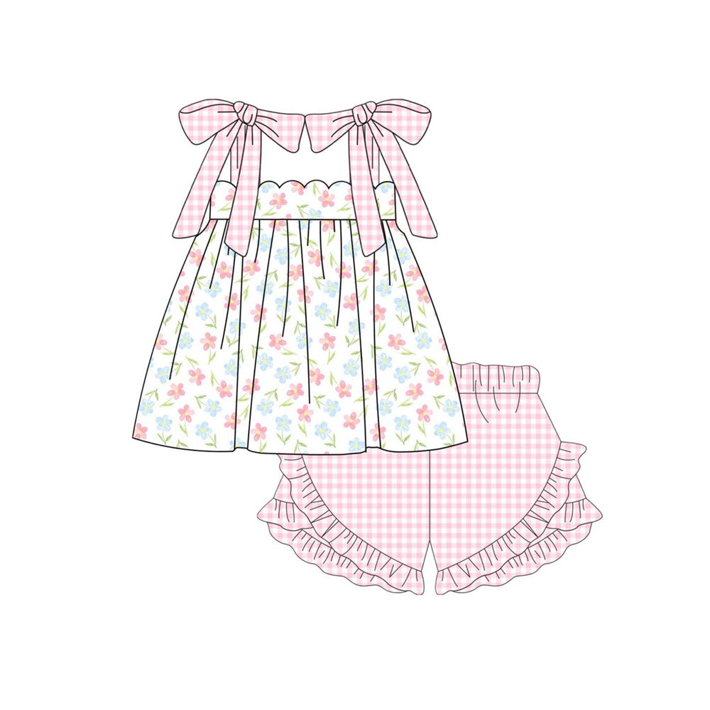 10.20 GSSO2764 Pre order No Moq Baby Girls Pink Checked Strap Flowers Tunic Ruffle Shorts Clothes Sets