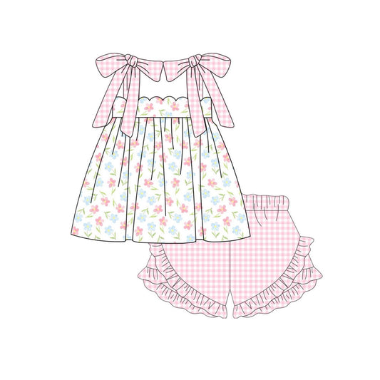 10.20 GSSO2764 Pre order No Moq Baby Girls Pink Checked Strap Flowers Tunic Ruffle Shorts Clothes Sets