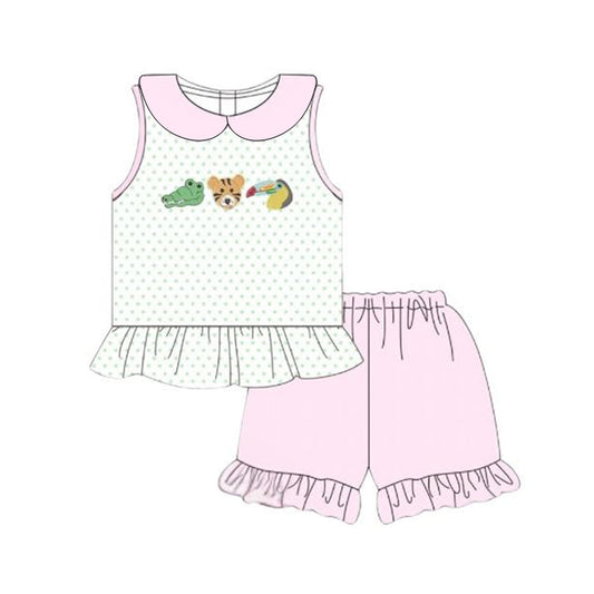 10.22 GSSO2766 Pre order No Moq Baby Girls Polka Dots Crocodiles Tigers Tunic Ruffle Shorts Clothes Sets